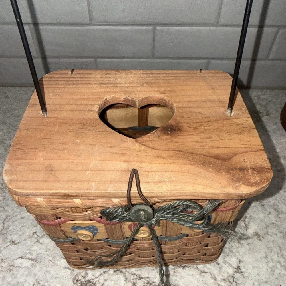 Vintage Tissue Box Basket Heart Cut Out Lid Primitive Cottage granny Core Handle